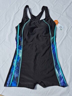 Black, Blue and Teal One-Piece Athletic Swim Suit UPF 50+ Size M NWT